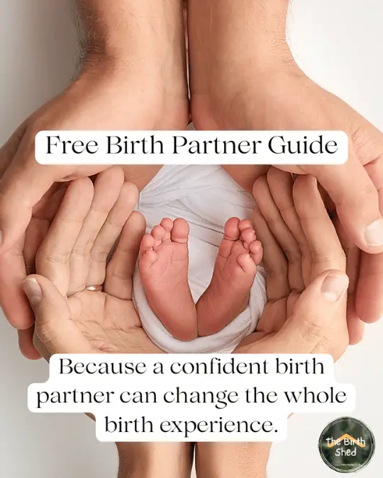 The Birth Shed free birth partner guide: parents&rsquo; hands cradling a newborn baby&rsquo;s feet, titled &lsquo;Free Birth Partner Guide&rsquo;